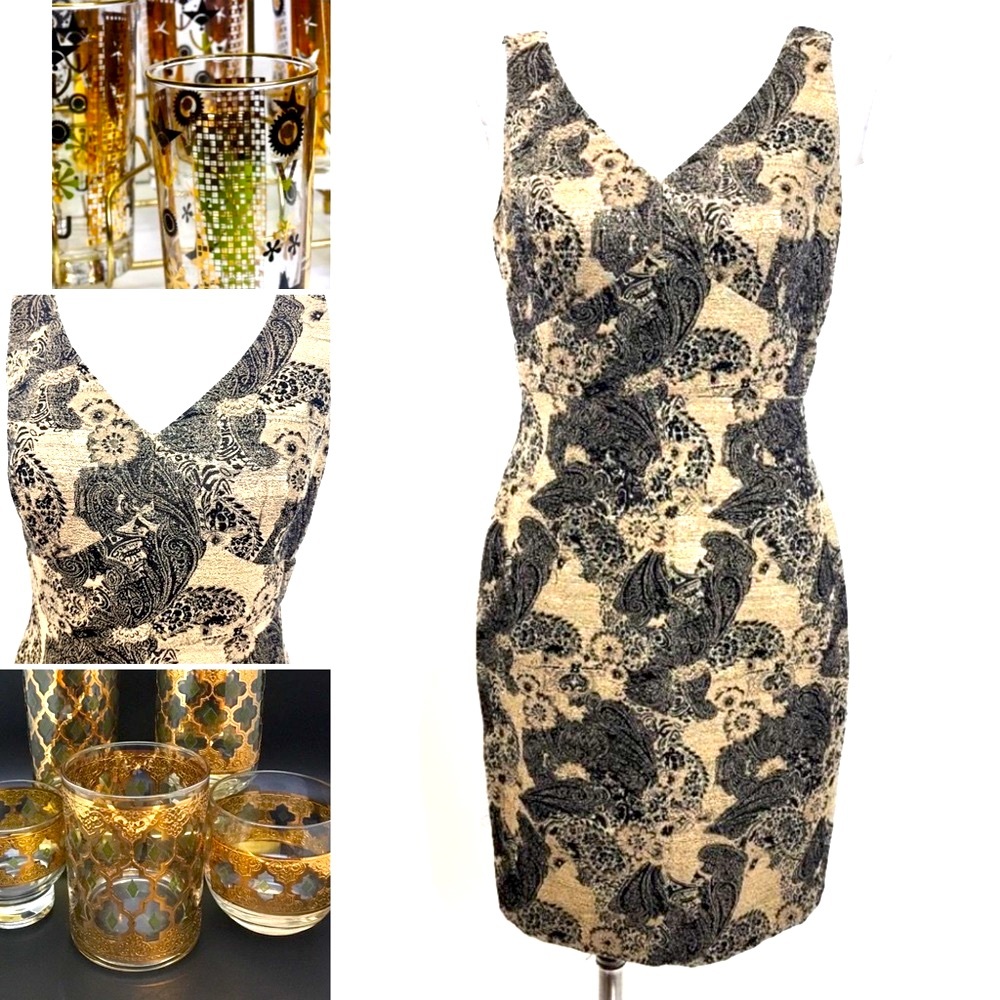 VTG Style Andr’e Oliver Fitted Hourglass Tapestry Gold & Black Cocktail Dress 6